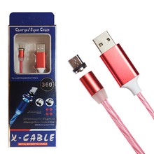 Шнур USB 360 LED Micro  1м Красный, светящийся Сменный разъём на магните 360 градусов, Бегущие Огни